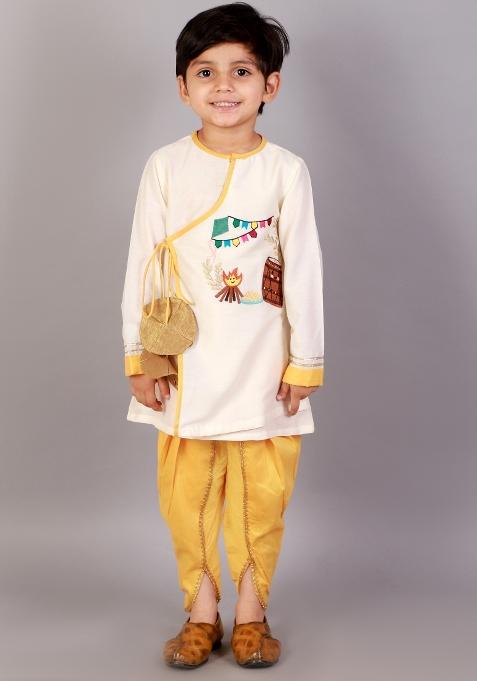 Off White Embroidered Cotton Silk Kurta Dhoti Set Lohri For Boys