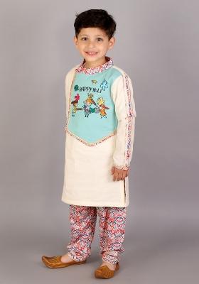 Multi Color Embroidered Cotton Kurta Set Holi For Boys