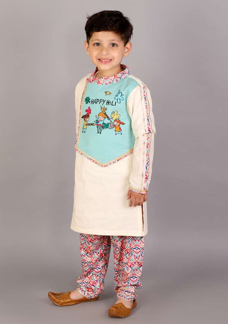 Multi Color Embroidered Cotton Kurta Set Holi For Boys - Indya