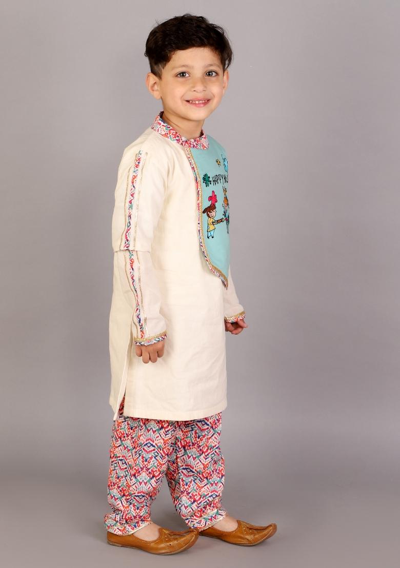 Multi Color Embroidered Cotton Kurta Set Holi For Boys