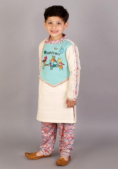 Multi Color Embroidered Cotton Kurta Set Holi For Boys