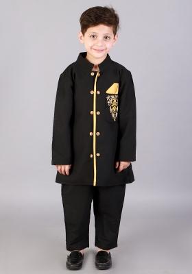 Black Embroidered Cotton Silk Bandhgala Set Eid For Boys