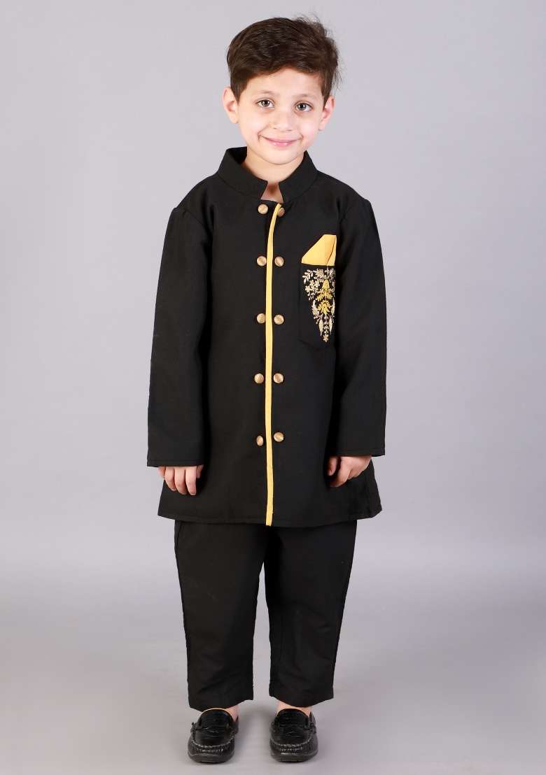 Black Embroidered Cotton Silk Bandhgala Set Eid For Boys - Indya