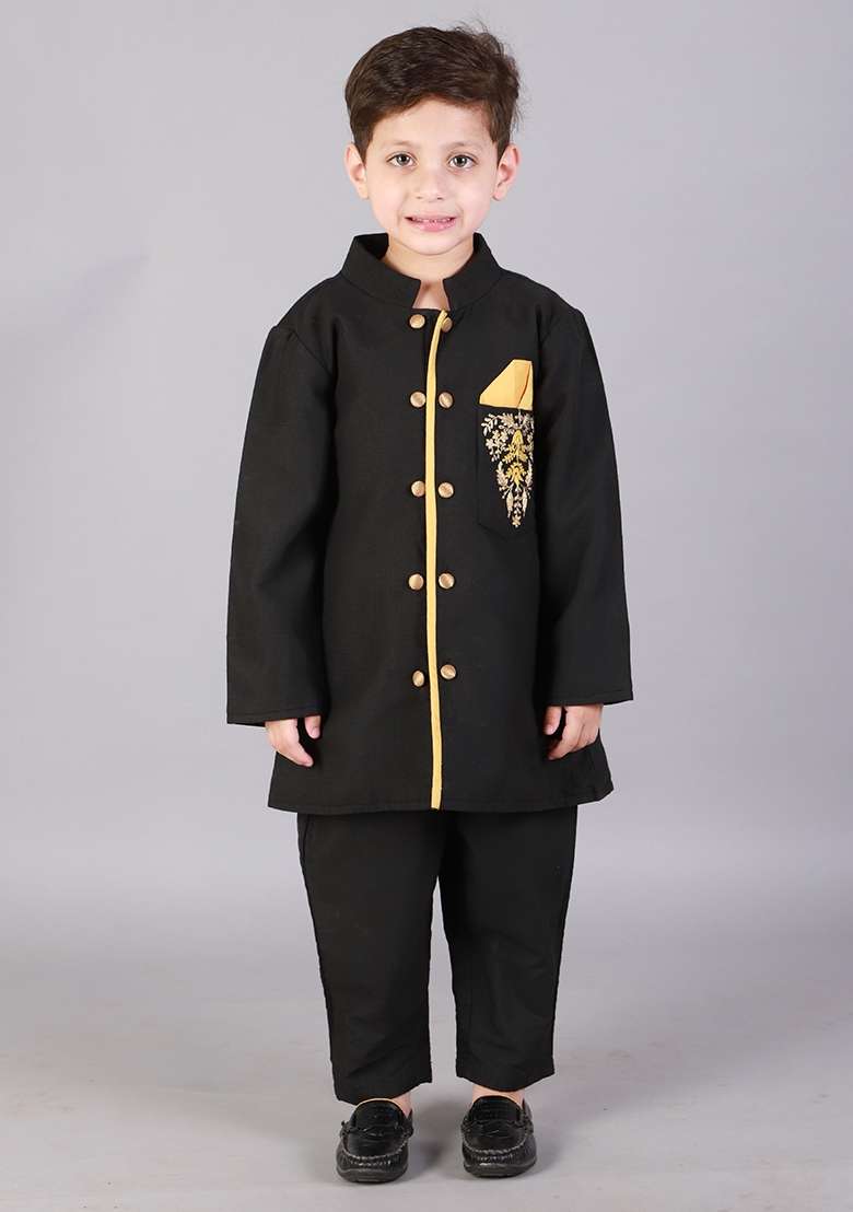 Black Embroidered Cotton Silk Bandhgala Set Eid For Boys - Indya