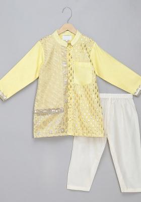 Lime Yellow Embroidered Cotton Silk Kurta Set Wedding For Boys