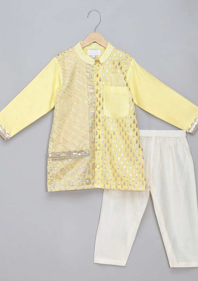 Lime Yellow Embroidered Cotton Silk Kurta Set Wedding For Boys - Indya