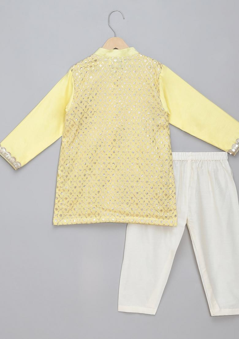 Lime Yellow Embroidered Cotton Silk Kurta Set Wedding For Boys