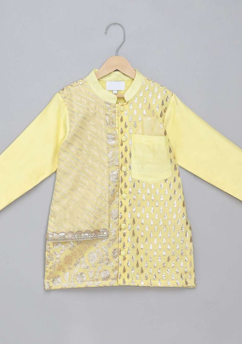 Lime Yellow Embroidered Cotton Silk Kurta Set Wedding For Boys - Indya