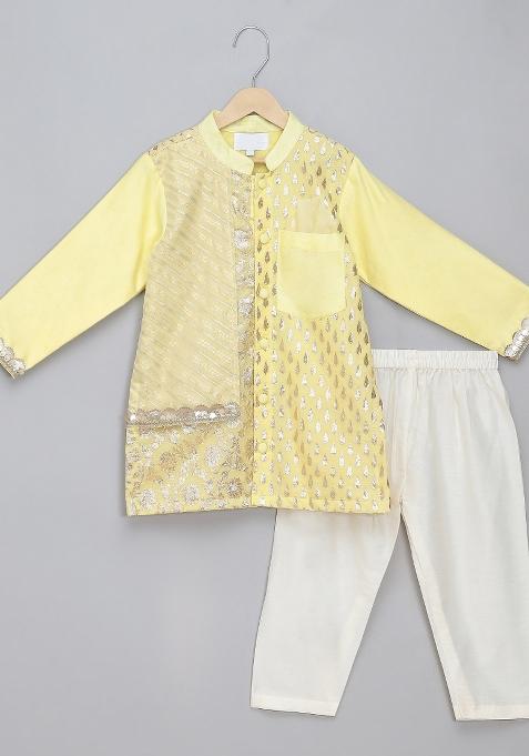 Lime Yellow Embroidered Cotton Silk Kurta Set Wedding For Boys