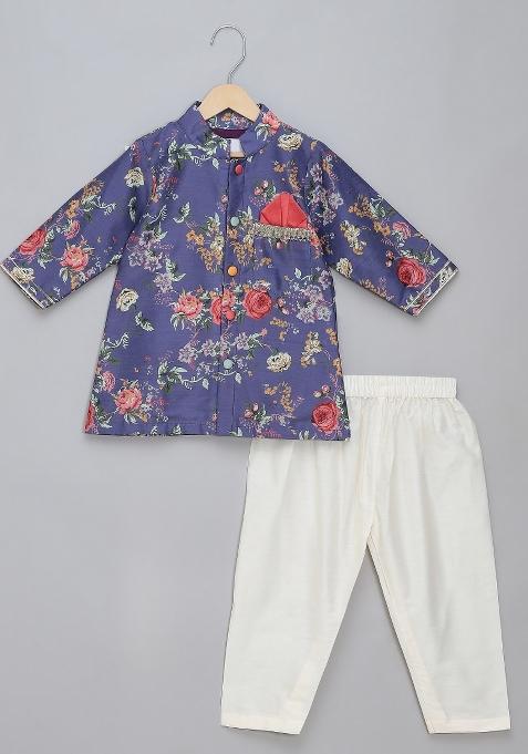 Purple Embroidered Cotton Silk Kurta Set For Boys