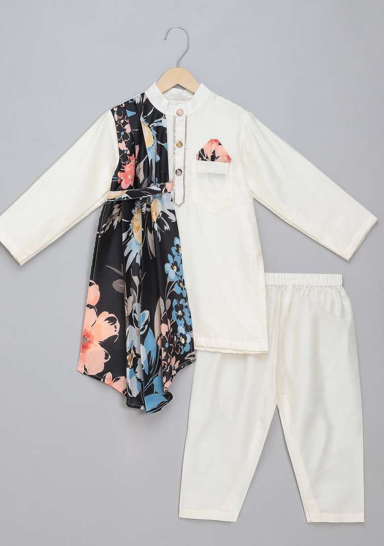 Black Embroidered Cotton Silk Kurta Set Wedding For Boys - Indya
