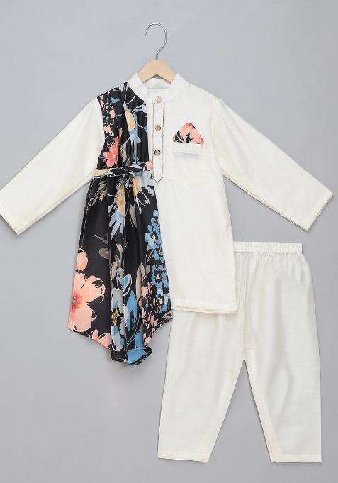 Black Embroidered Cotton Silk Kurta Set Wedding For Boys