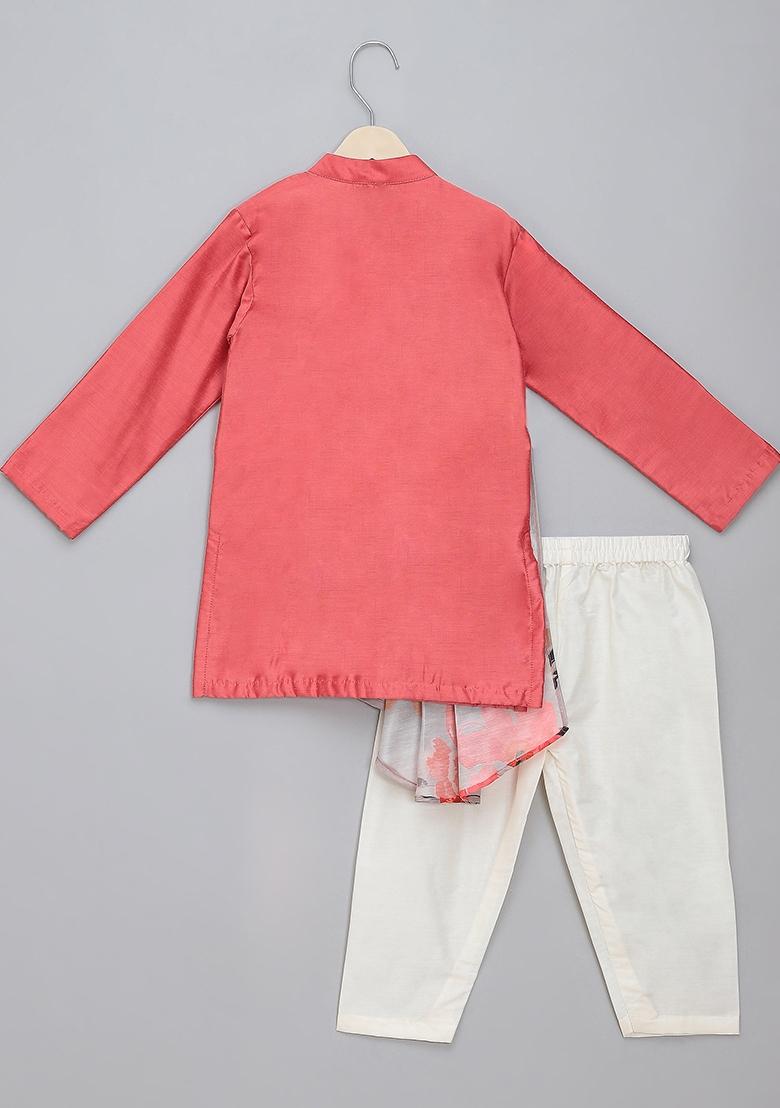 Coral Embroidered Cotton Silk Kurta Set Wedding For Boys