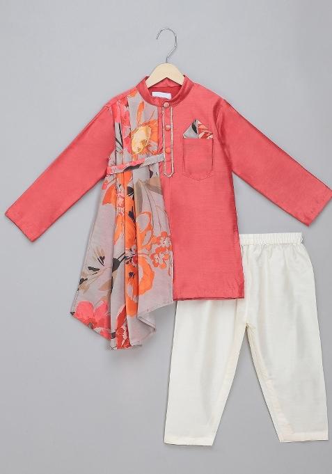 Coral Embroidered Cotton Silk Kurta Set Wedding For Boys