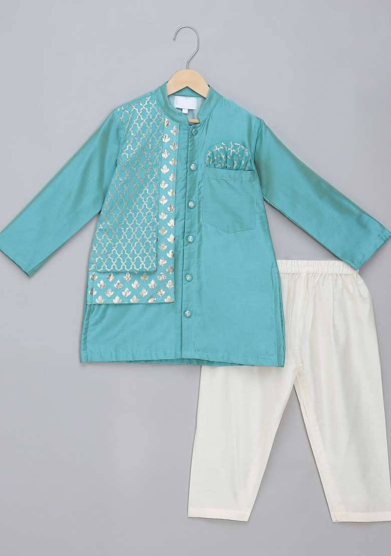Blue Embroidered Cotton Silk Kurta Set Wedding For Boys - Indya