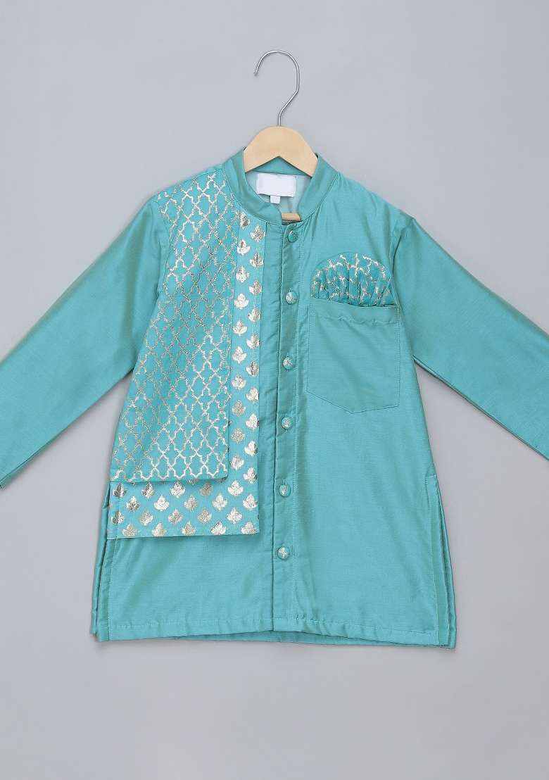Blue Embroidered Cotton Silk Kurta Set Wedding For Boys - Indya