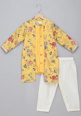 Yellow Embroidered Cotton Silk Kurta Set Wedding For Boys
