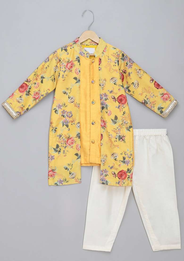 Yellow Embroidered Cotton Silk Kurta Set Wedding For Boys - Indya