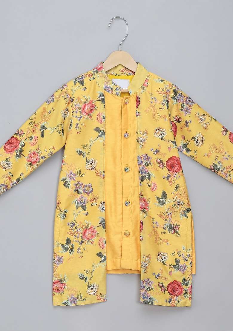 Yellow Embroidered Cotton Silk Kurta Set Wedding For Boys - Indya