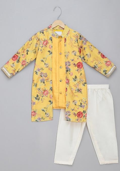 Yellow Embroidered Cotton Silk Kurta Set Wedding For Boys