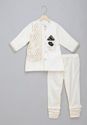 Off White Embroidered Cotton Silk Bandhgala Set Wedding For Boys