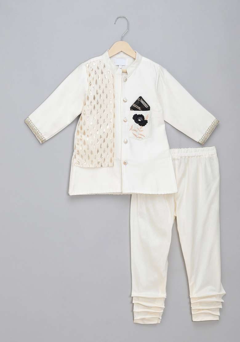 Off White Embroidered Cotton Silk Bandhgala Set Wedding For Boys - Indya