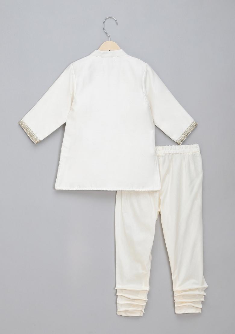 Off White Embroidered Cotton Silk Bandhgala Set Wedding For Boys
