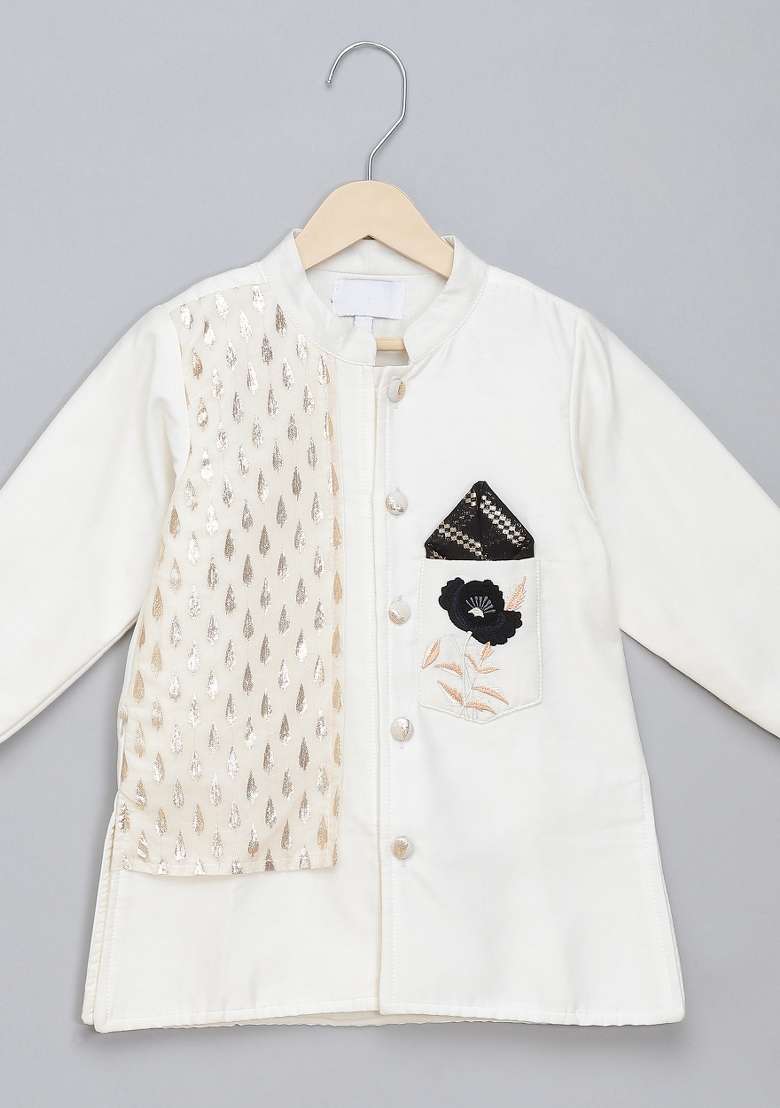 Off White Embroidered Cotton Silk Bandhgala Set Wedding For Boys - Indya