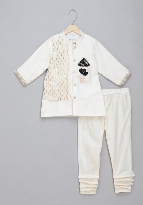 Off White Embroidered Cotton Silk Bandhgala Set Wedding For Boys