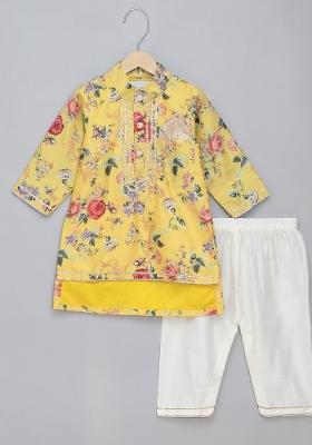 Yellow Embroidered Cotton Silk Kurta Set Wedding For Boys