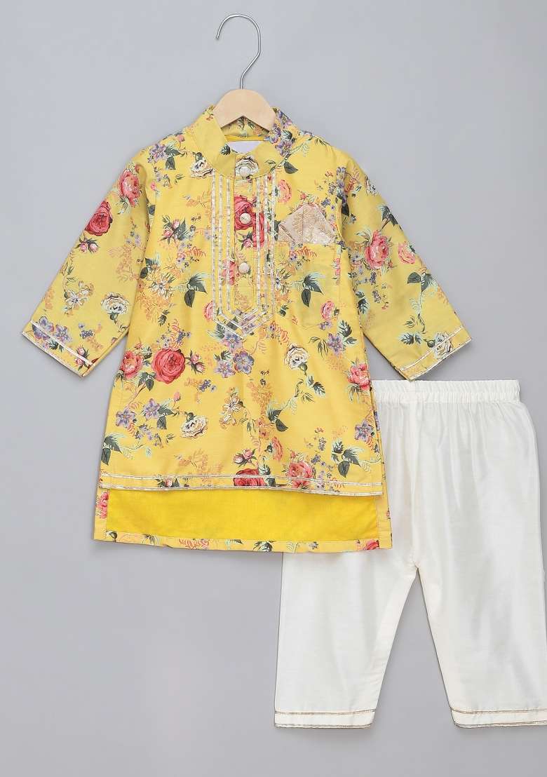 Yellow Embroidered Cotton Silk Kurta Set Wedding For Boys - Indya