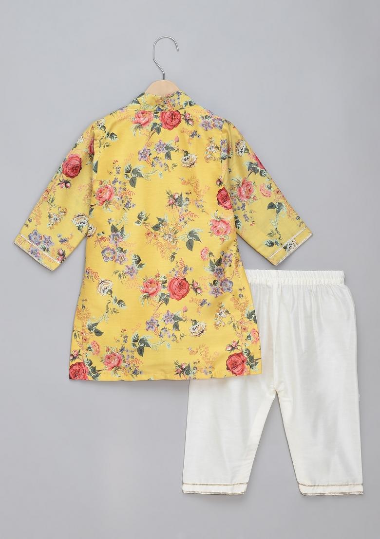 Yellow Embroidered Cotton Silk Kurta Set Wedding For Boys