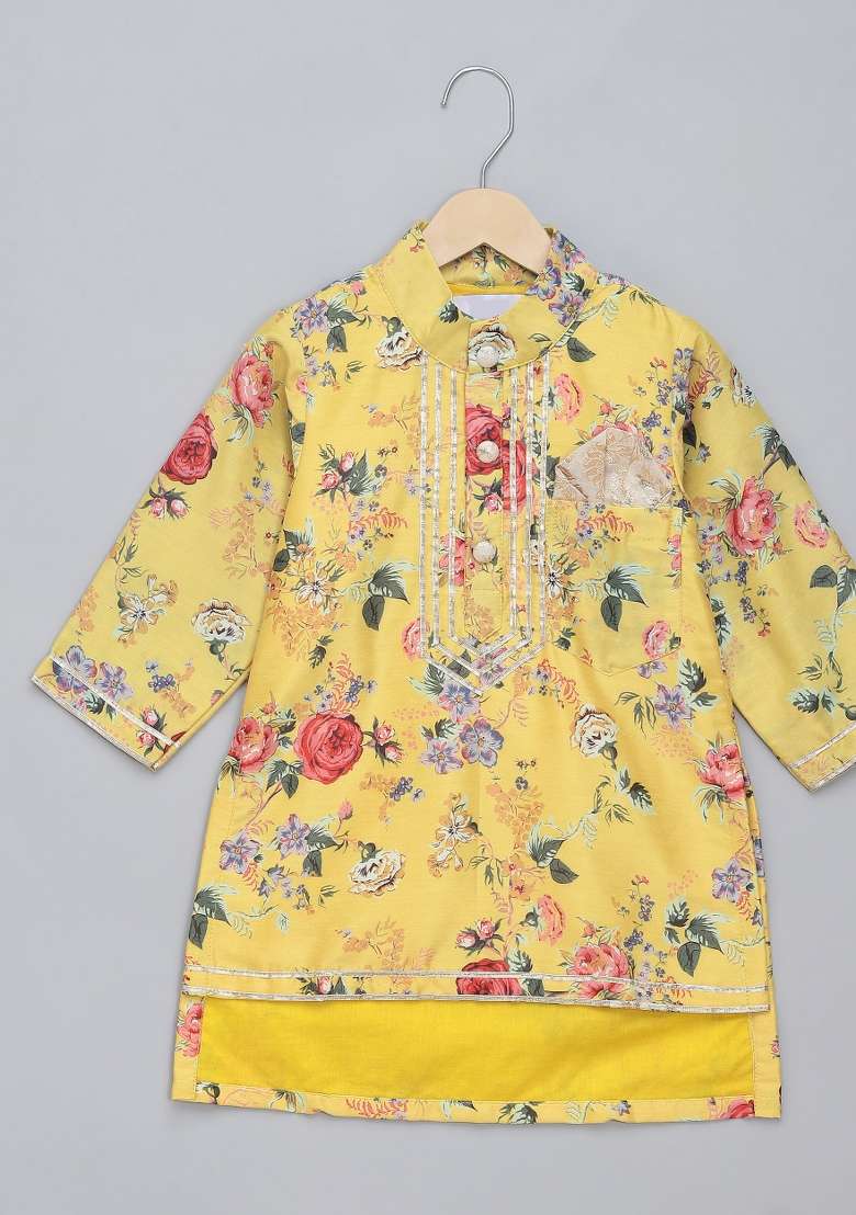 Yellow Embroidered Cotton Silk Kurta Set Wedding For Boys - Indya