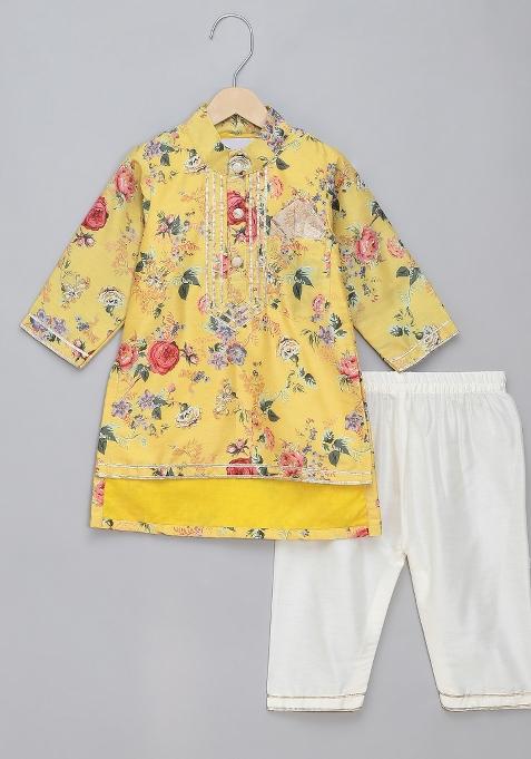 Yellow Embroidered Cotton Silk Kurta Set Wedding For Boys