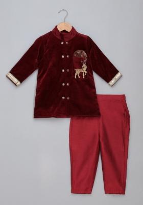 Maroon Embroidered Velvet Bandhgala Set Wedding For Boys