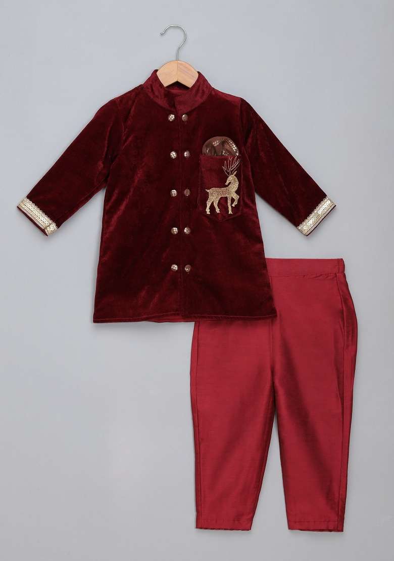 Maroon Embroidered Velvet Bandhgala Set Wedding For Boys - Indya