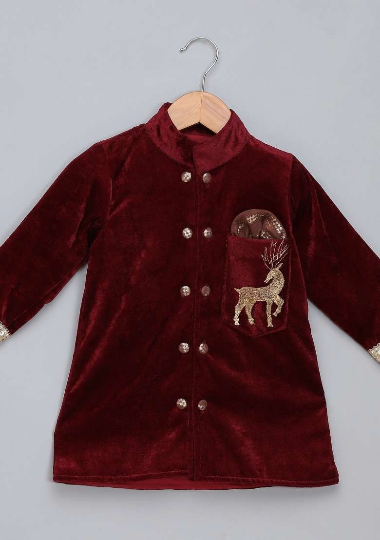 Maroon Embroidered Velvet Bandhgala Set Wedding For Boys - Indya