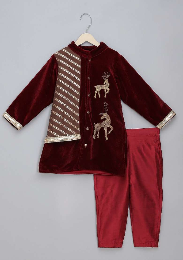 Maroon Embroidered Velvet Bandhgala Set Wedding For Boys - Indya