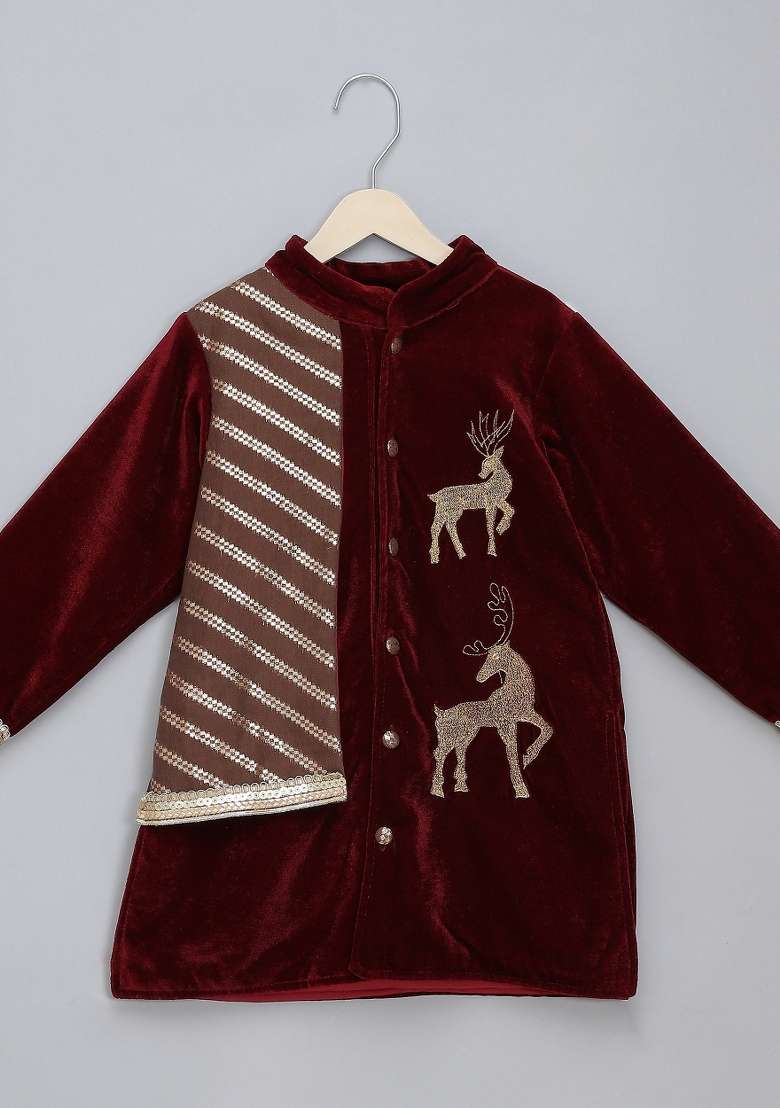 Maroon Embroidered Velvet Bandhgala Set Wedding For Boys - Indya