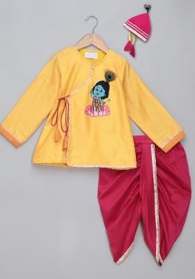 Yellow Embroidered Cotton Silk Dhoti Set Janmashtmi For Boys