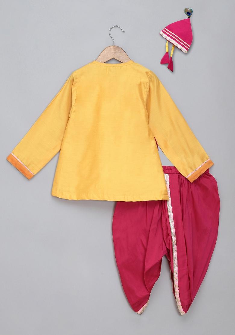 Yellow Embroidered Cotton Silk Dhoti Set Janmashtmi For Boys