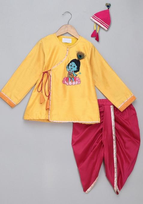 Yellow Embroidered Cotton Silk Dhoti Set Janmashtmi For Boys