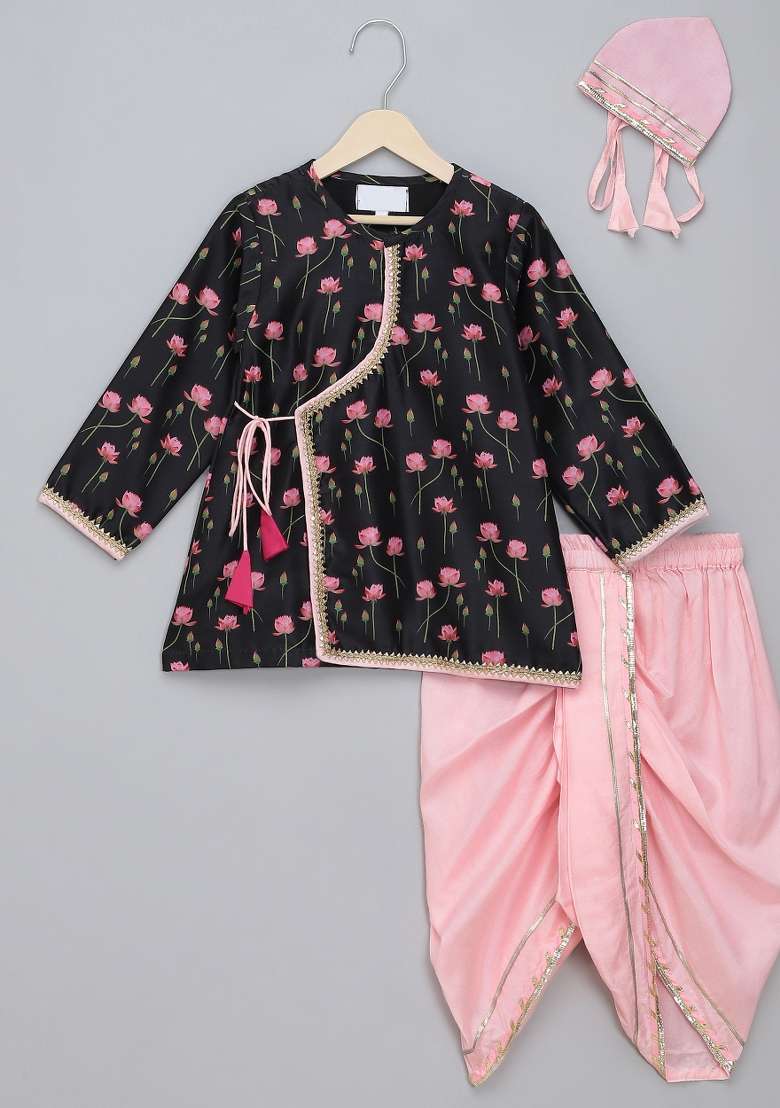Black Embroidered Cotton Silk Kurta Dhoti Set Janmashtmi For Boys - Indya