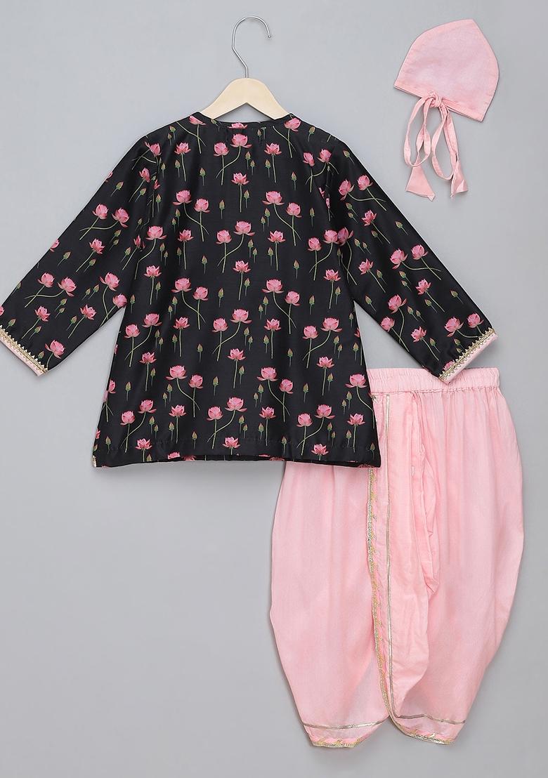 Black Embroidered Cotton Silk Kurta Dhoti Set Janmashtmi For Boys