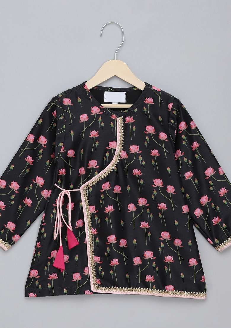 Black Embroidered Cotton Silk Kurta Dhoti Set Janmashtmi For Boys - Indya