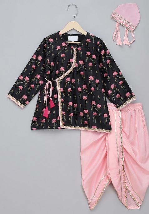 Black Embroidered Cotton Silk Kurta Dhoti Set Janmashtmi For Boys