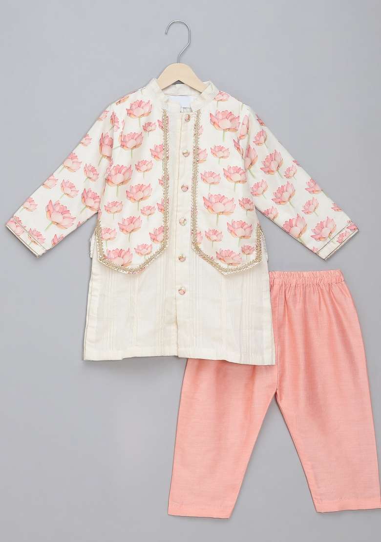 Off White Embroidered Cotton Silk Kurta Set Janmashtmi For Boys - Indya