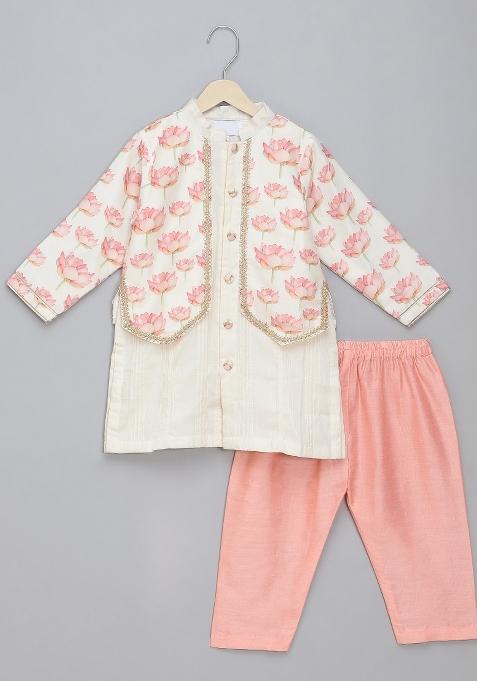 Off White Embroidered Cotton Silk Kurta Set Janmashtmi For Boys