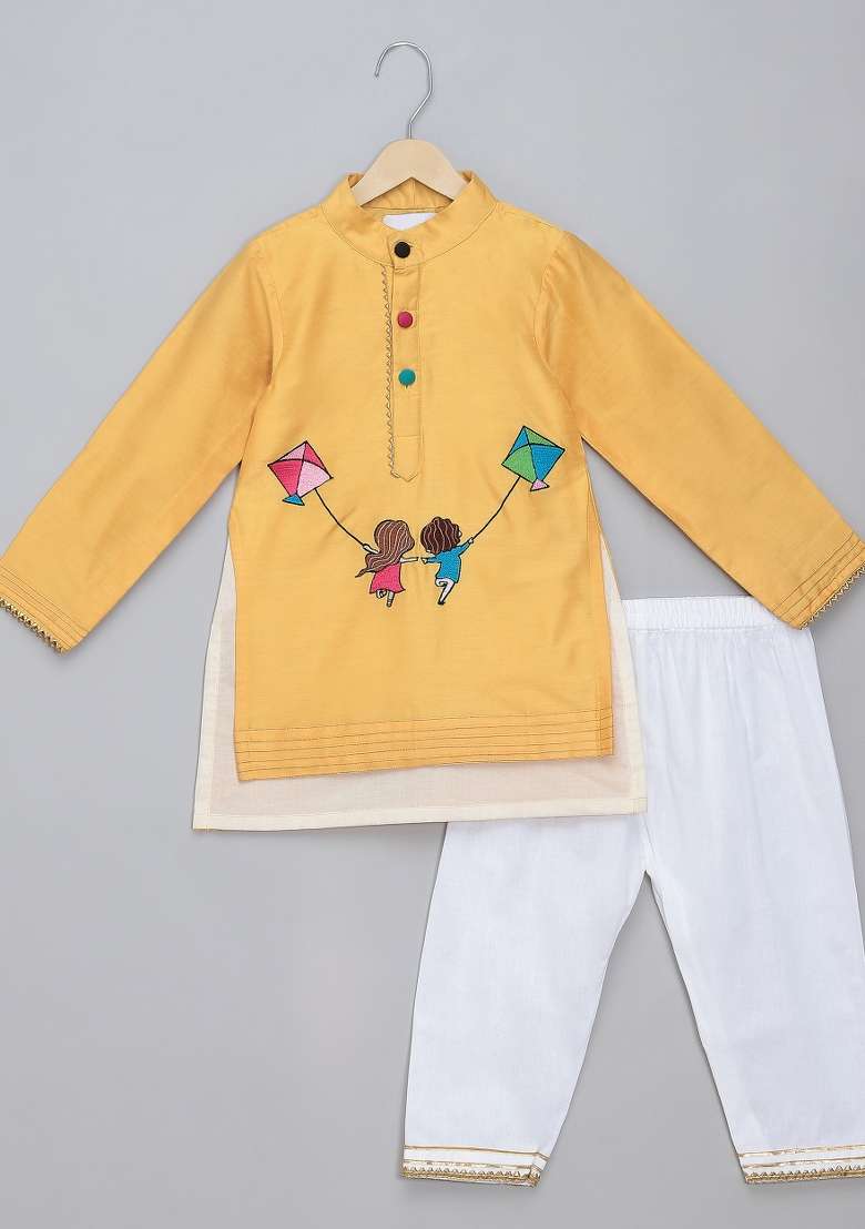 Yellow Embroidered Cotton Kurta Set Makar Sankranti For Boys - Indya