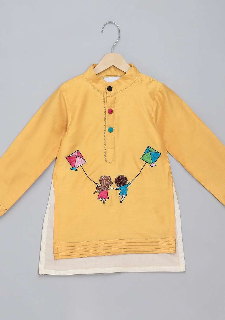 Yellow Embroidered Cotton Kurta Set Makar Sankranti For Boys - Indya